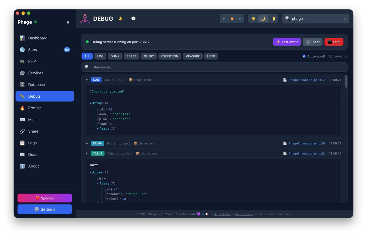 Phage's real-time debugger